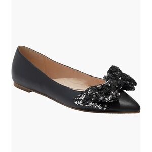 Jack Rogers Debra Black Leather Point Toe Sequin Bow Ballet Flats in Black 6.5